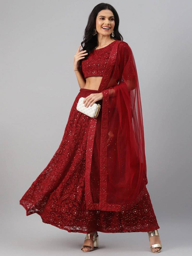 Red Net Thread and Sequin Embroidered Lehenga
