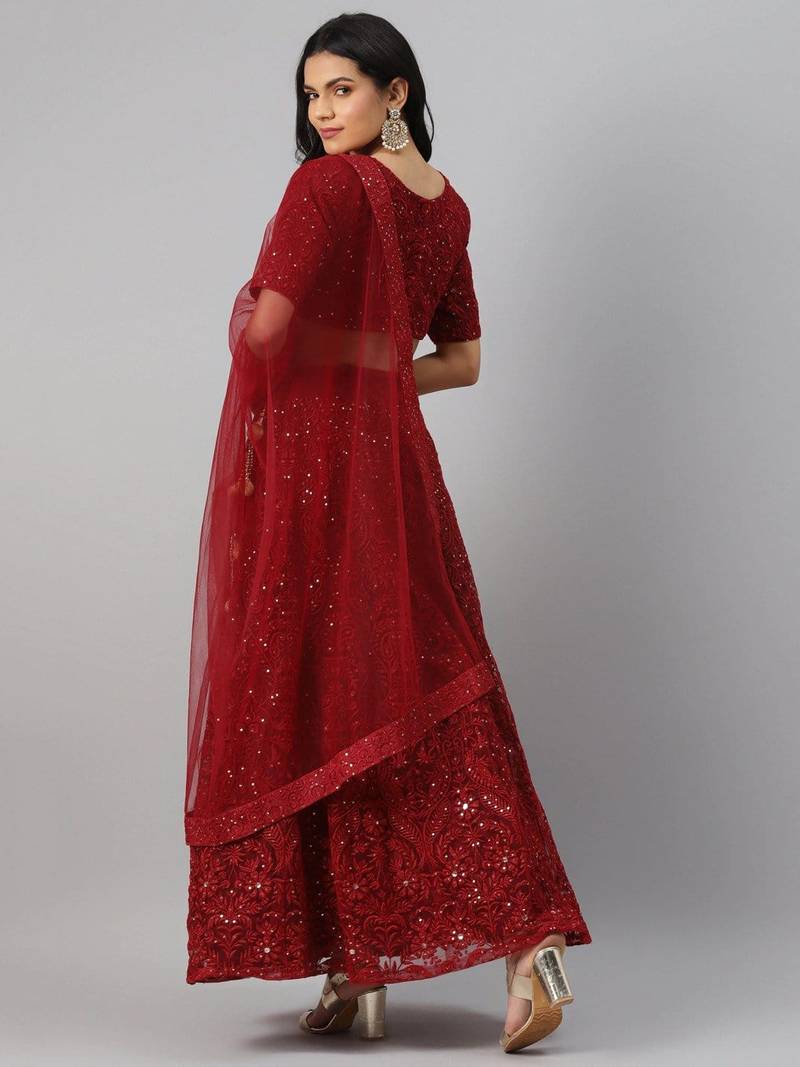 Red Net Thread and Sequin Embroidered Lehenga