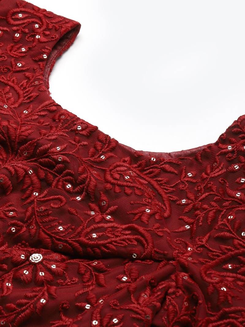 Red Net Thread and Sequin Embroidered Lehenga