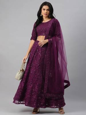 magnetic purple thread embroidered net festival lehenga set choli with dupatta 1