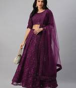 magnetic purple thread embroidered net festival lehenga set choli with dupatta