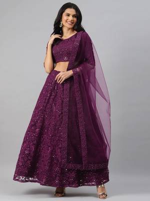 magnetic purple thread embroidered net festival lehenga set choli with dupatta 2