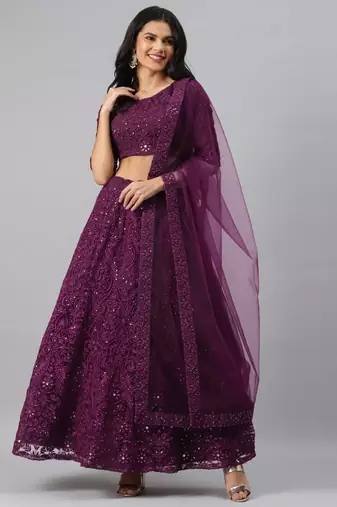 magnetic purple thread embroidered net festival lehenga set choli with dupatta
