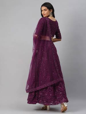 magnetic purple thread embroidered net festival lehenga set choli with dupatta 3