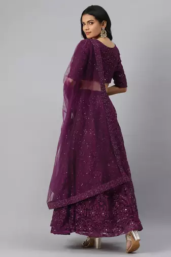 magnetic purple thread embroidered net festival lehenga set choli with dupatta