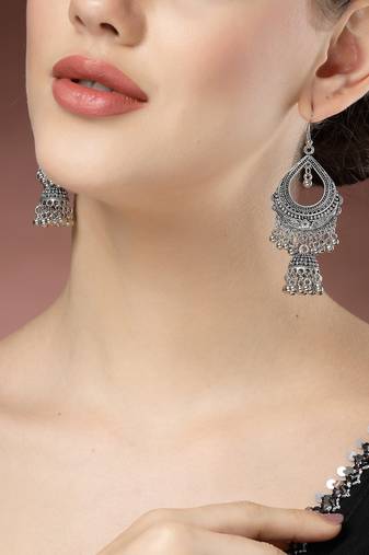 women silver-plated german silver oxidized jhumka earrings