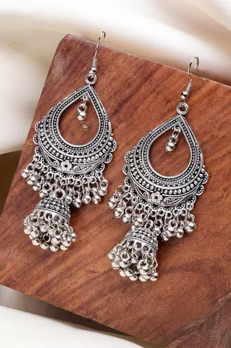 women silver-plated german silver oxidized jhumka earrings