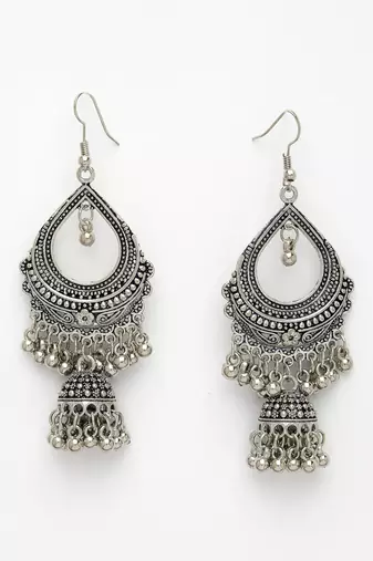 women silver-plated german silver oxidized jhumka earrings