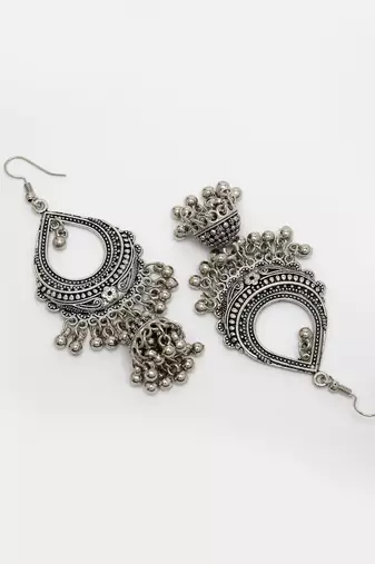 women silver-plated german silver oxidized jhumka earrings