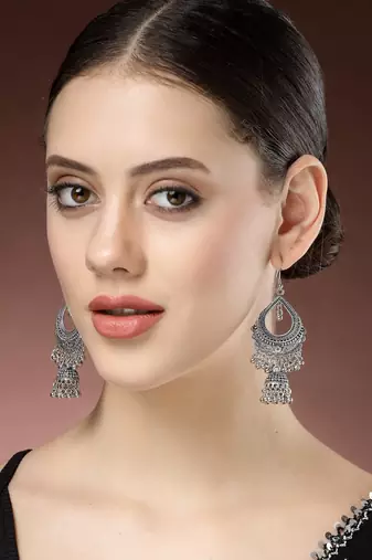 women silver-plated german silver oxidized jhumka earrings
