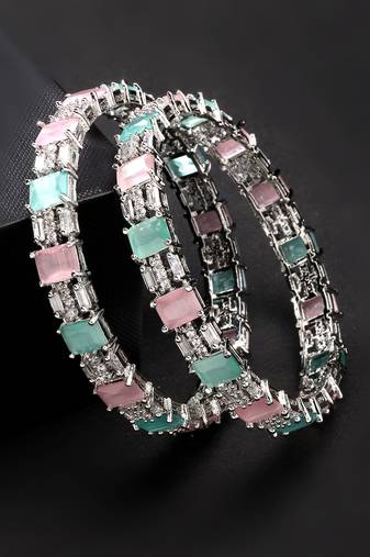women set of 2 multi-coloured cz stone-studded handcrafted bangles