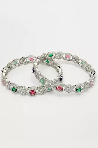 women set of 2 multi-coloured cz stone-studded handcrafted bangles