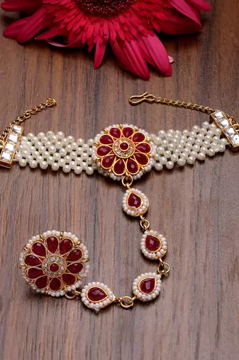 women red gold-plated stone studded handcrafted ring bracelet