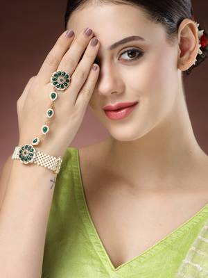 women green gold-plated stone studded handcrafted ring bracelet 1