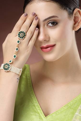 women green gold-plated stone studded handcrafted ring bracelet