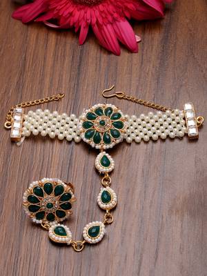 women green gold-plated stone studded handcrafted ring bracelet 2
