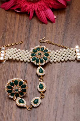 women green gold-plated stone studded handcrafted ring bracelet