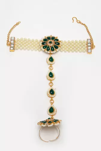 women green gold-plated stone studded handcrafted ring bracelet