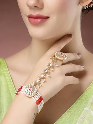 women red gold-plated stone studded handcrafted ring bracelet 1
