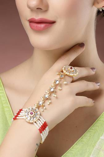 women red gold-plated stone studded handcrafted ring bracelet