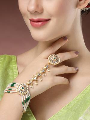 women green gold-plated stone studded handcrafted ring bracelet 1