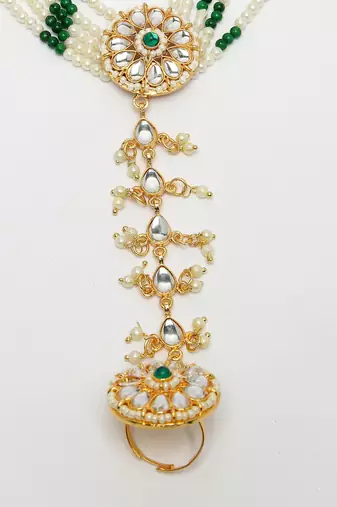 women green gold-plated stone studded handcrafted ring bracelet