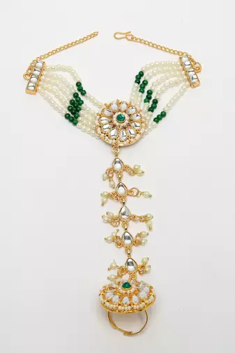 women green gold-plated stone studded handcrafted ring bracelet