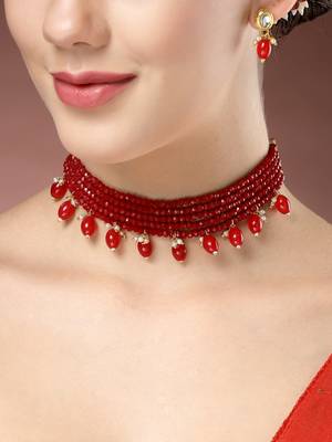 women red artificial beads layered necklace with drop earrings 1