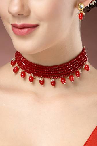 women red artificial beads layered necklace with drop earrings
