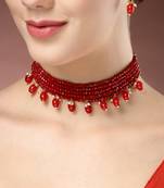 women red artificial beads layered necklace with drop earrings