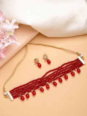 women red artificial beads layered necklace with drop earrings 2