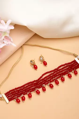 women red artificial beads layered necklace with drop earrings