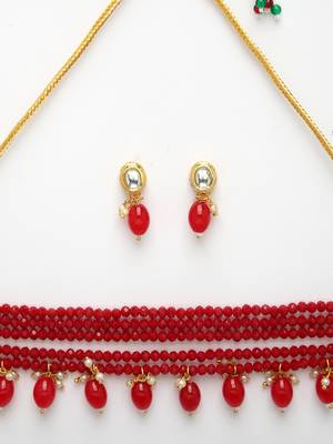 women red artificial beads layered necklace with drop earrings 3