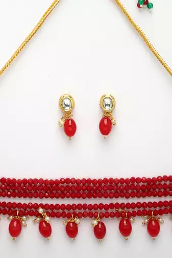 women red artificial beads layered necklace with drop earrings