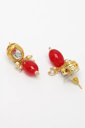 women red artificial beads layered necklace with drop earrings