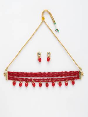 women red artificial beads layered necklace with drop earrings 5