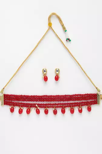 women red artificial beads layered necklace with drop earrings