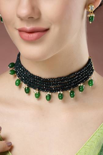 women green artificial beads layered necklace with drop earrings