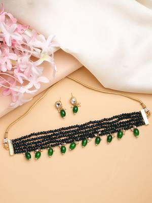 women green artificial beads layered necklace with drop earrings 2