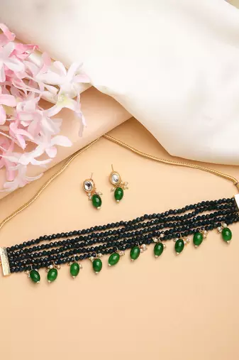 women green artificial beads layered necklace with drop earrings