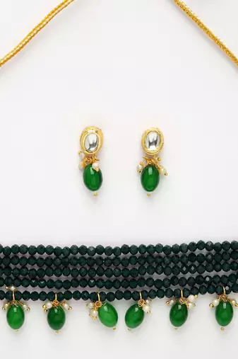 women green artificial beads layered necklace with drop earrings