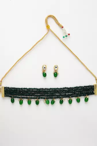 women green artificial beads layered necklace with drop earrings