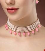 women pink artificial beads layered necklace with drop earrings