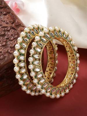 women set of 2 gold-plated kundan-studded & pearls-beaded bangles 1