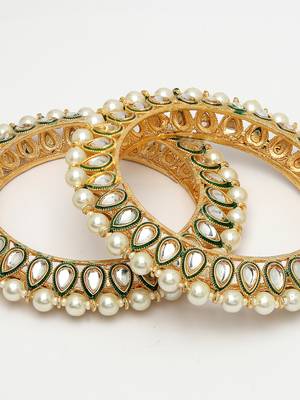 women set of 2 gold-plated kundan-studded & pearls-beaded bangles 2