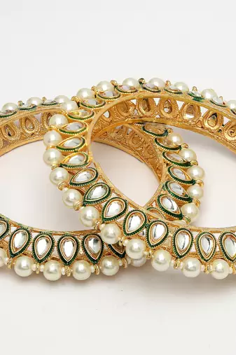 women set of 2 gold-plated kundan-studded & pearls-beaded bangles