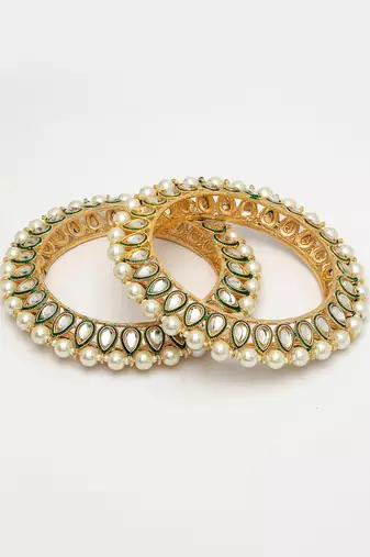 women set of 2 gold-plated kundan-studded & pearls-beaded bangles