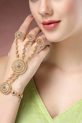 women gold-plated cz stone-studded handcrafted ring bracelet