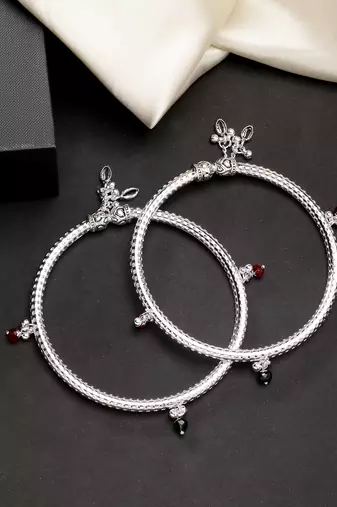 women set of 2 silver-plated kada anklets