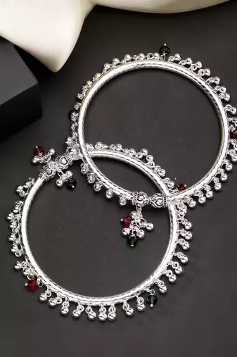 women set of 2 silver-plated kada anklets